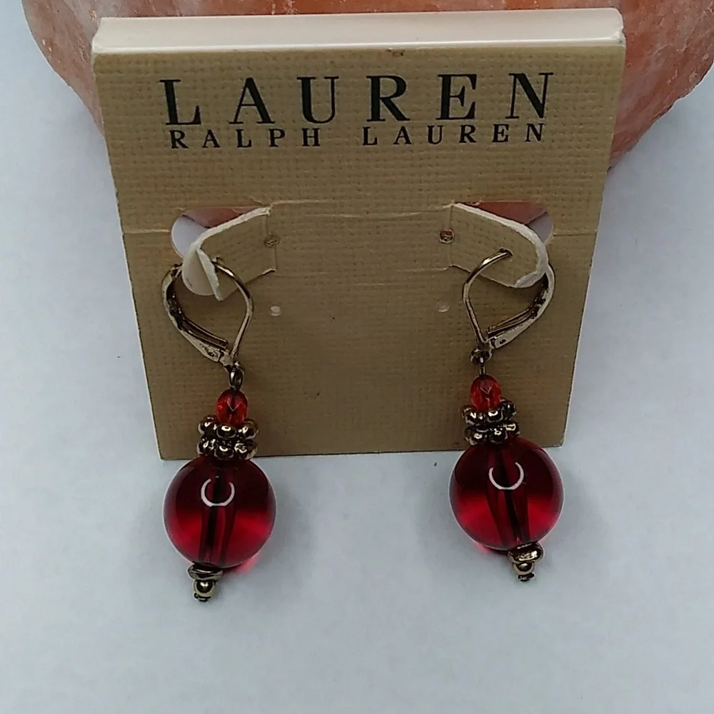 Lauren Ralph Lauren Vintage Gold Tone/Red Leverback Ball Earrings_7